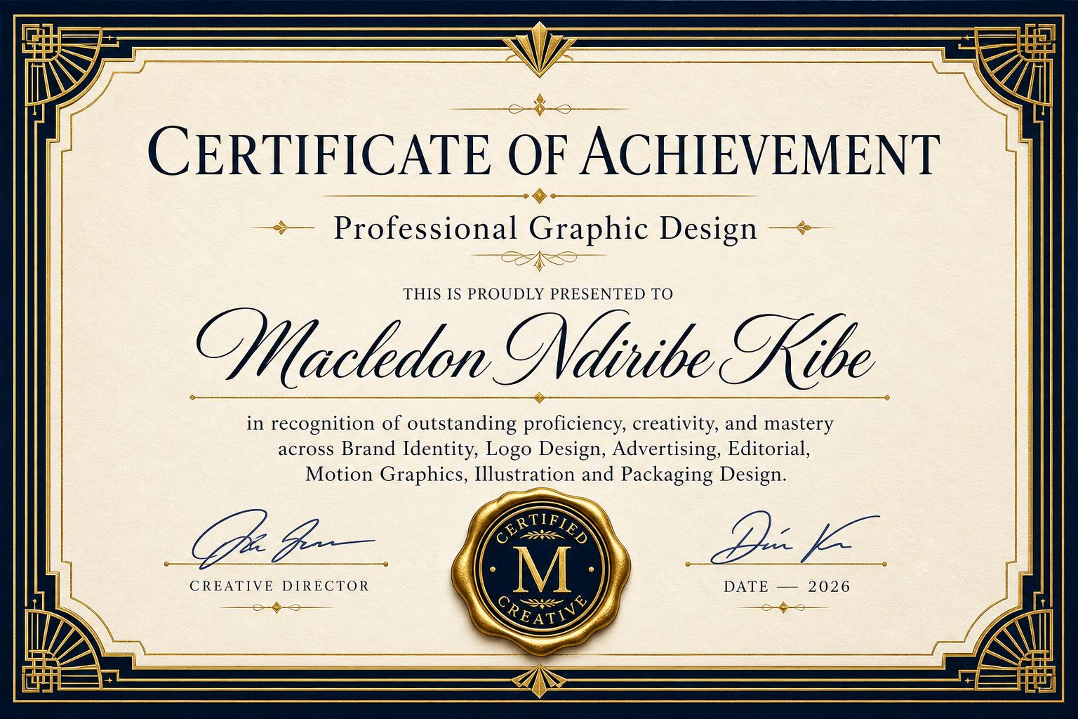 Certificate of Achievement — Professional Graphic Design awarded to Macledon Ndiribe Kibe